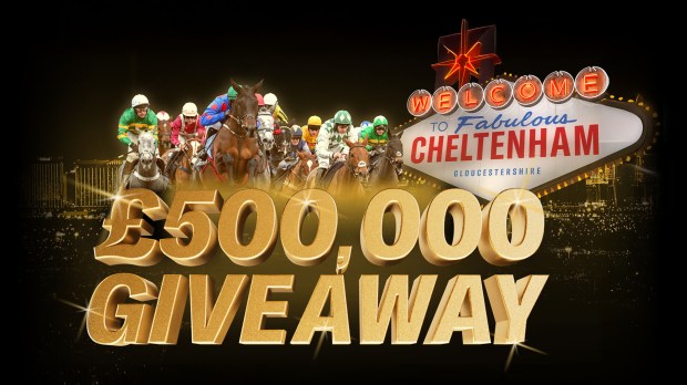 Illustration of a horse race with a £500,000 giveaway announcement and a "Welcome to Fabulous Cheltenham" sign.