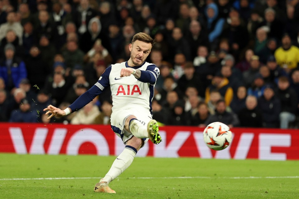 James Maddison of Tottenham Hotspur kicking a soccer ball.