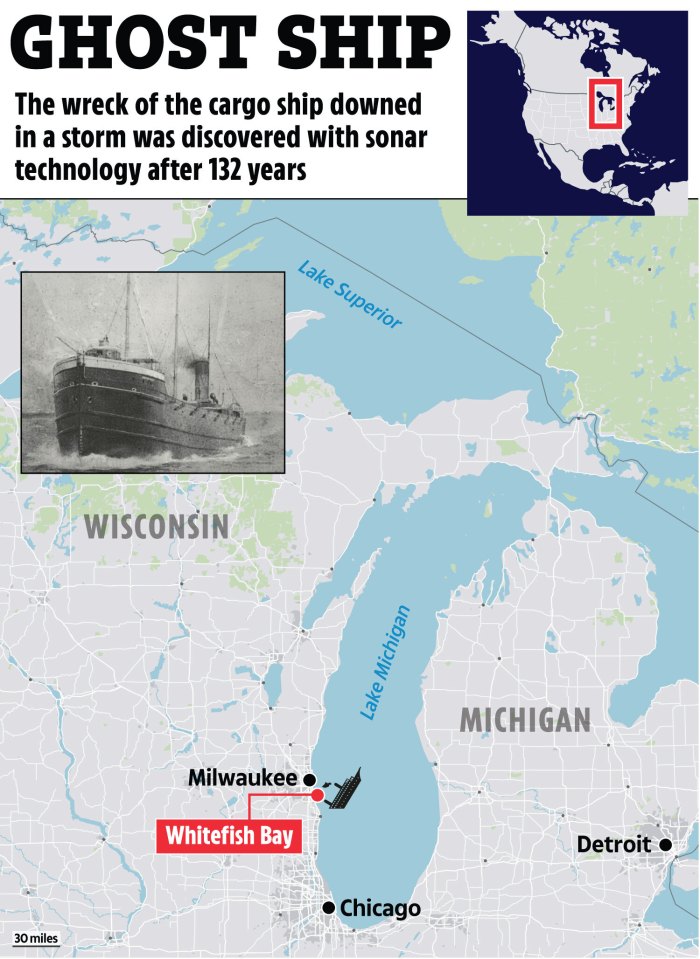 Illustration of a map showing the location of a ghost ship discovered in Lake Michigan, near Whitefish Bay.