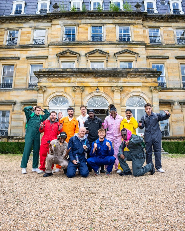 The Sidemen YouTubers in colorful jumpsuits posing in front of a large mansion.