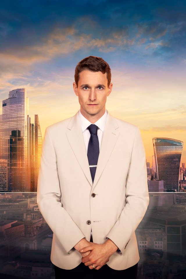 Max England, The Apprentice contestant, in a suit against a London skyline.