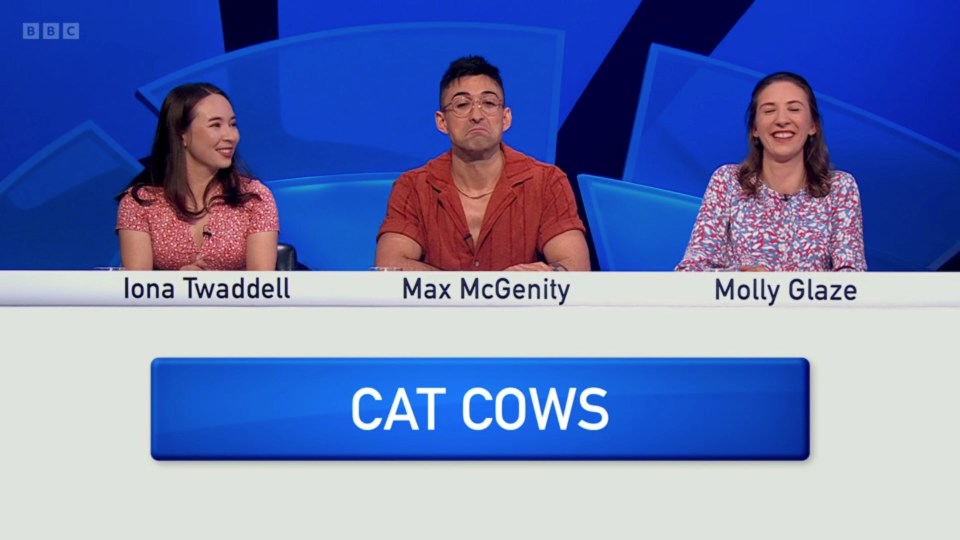 "Only Connect" contestants Iona Twaddell, Max McGenity, and Molly Glaze, team "Cat Cows".