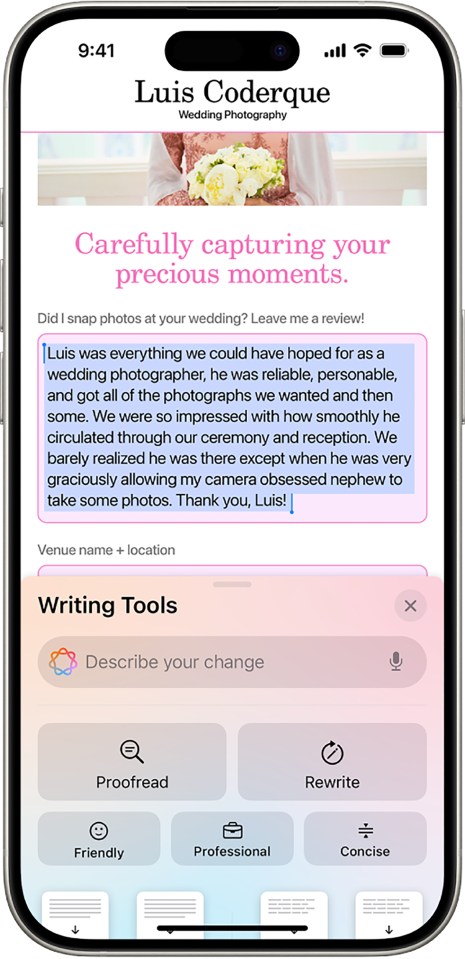 Smartphone screen showing a wedding photographer's website and text editing tools.