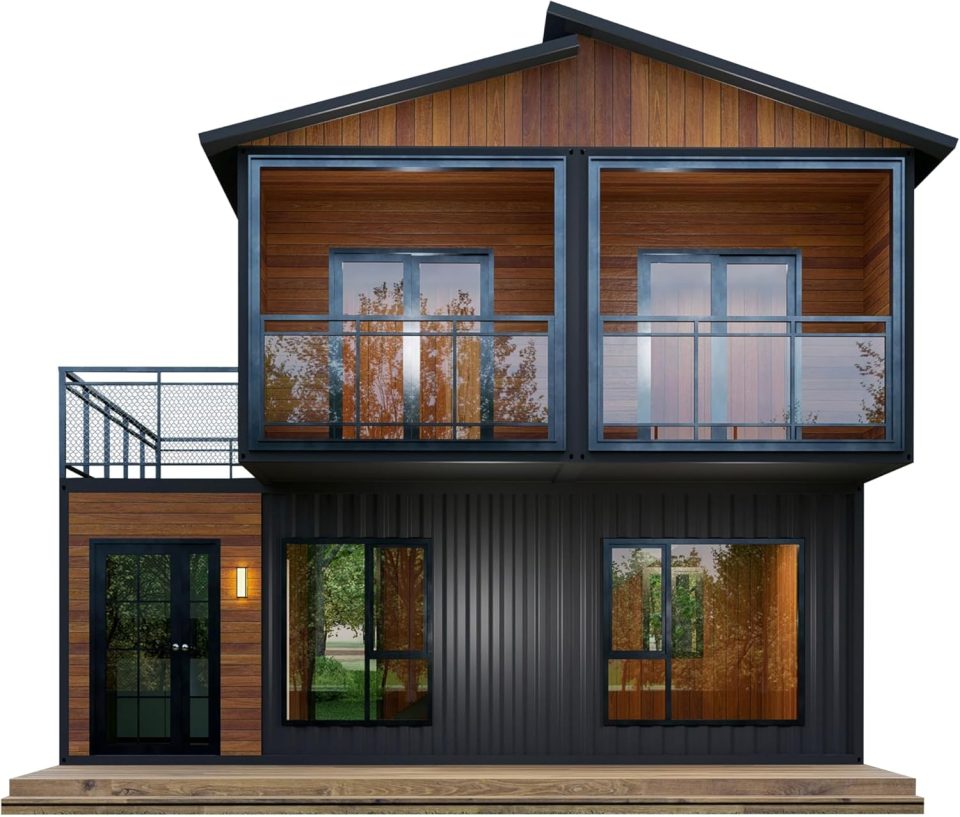 Illustration of a two-story, modern, flat-pack home.