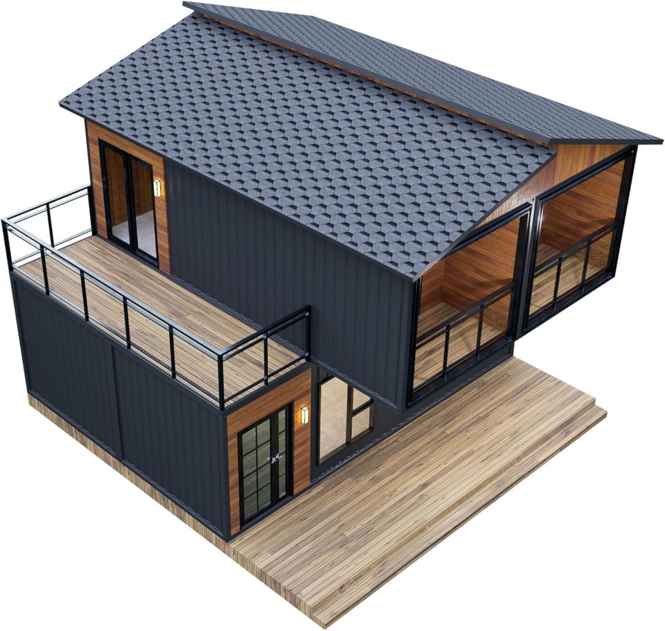 Illustration of a two-story, three-bedroom container home with a terrace.