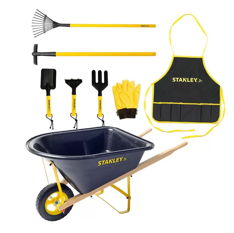 Stanley Jr. wheelbarrow and 7-piece garden set.
