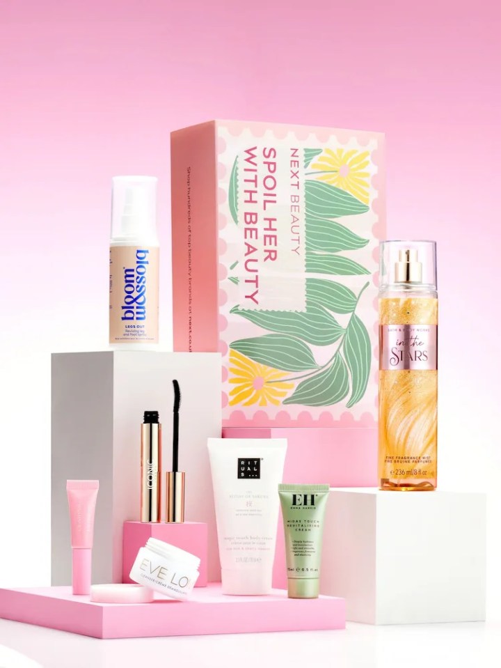 Mother's Day beauty gift box with various cosmetics.