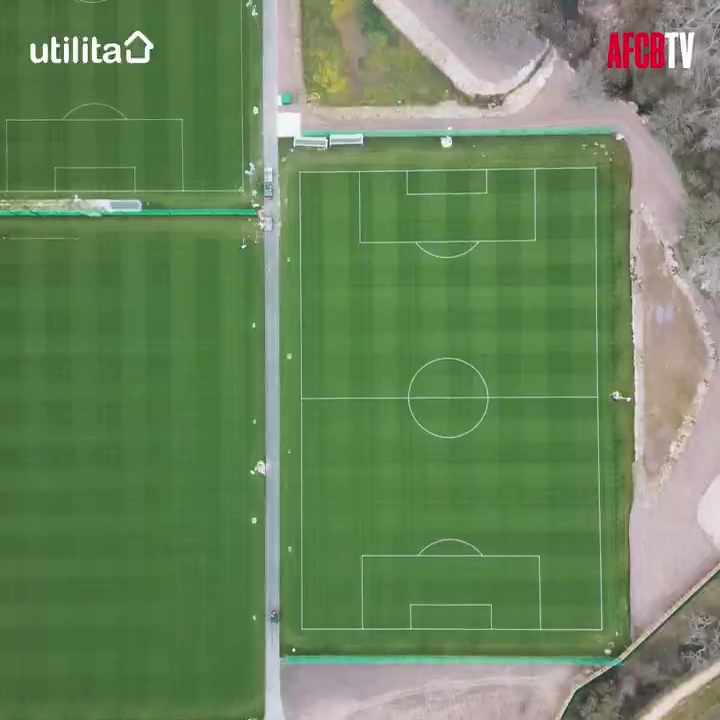 Aerial view of Bournemouth training centre football pitches.