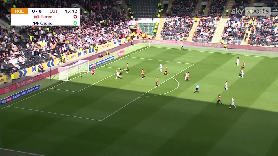 Hull vs Luton soccer game, own goal.