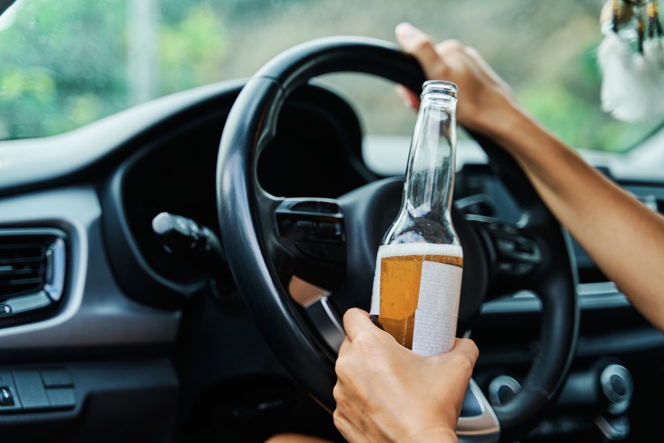 Woman's hands holding a beer bottle while driving.