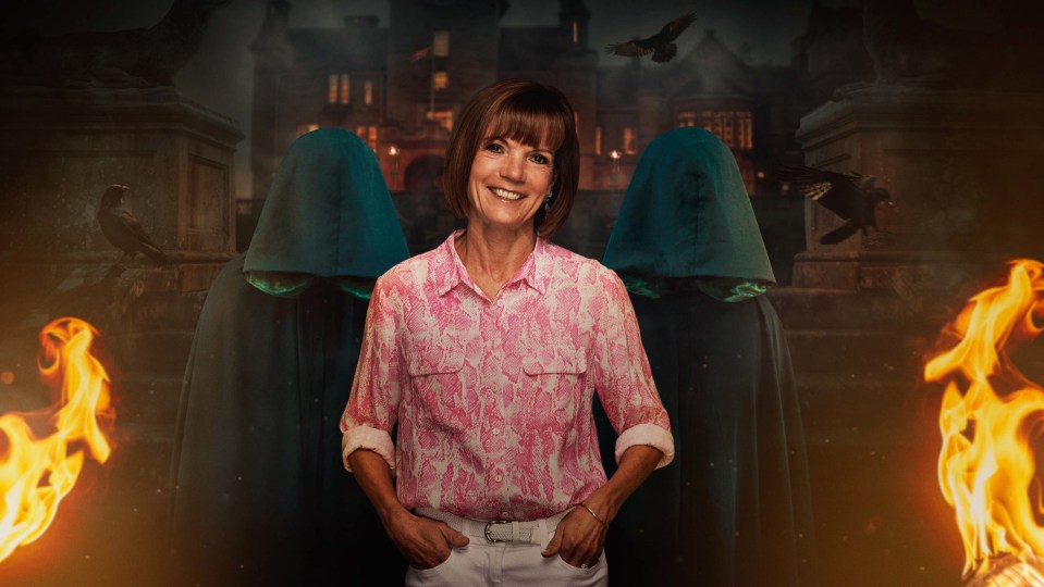 A woman stands between two hooded figures in front of a spooky manor.