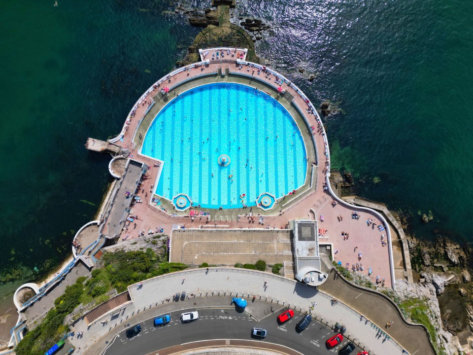 An aerial view of Tinside Lido pool in Plymouth, UK