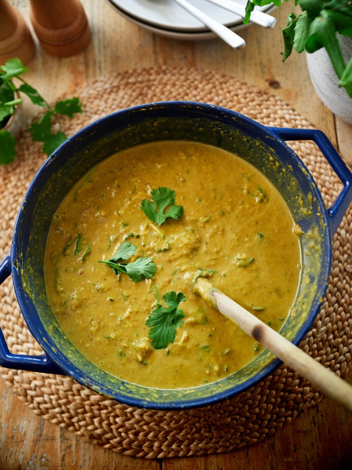 Coconut dhal in a blue bowl.