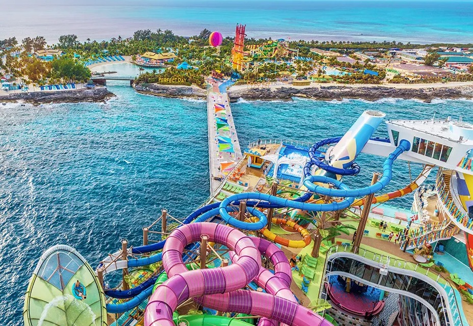 Collage of Icon of the Seas cruise ship, private island, and water park.