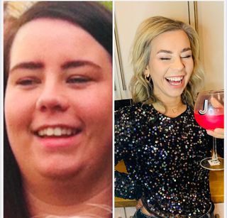 Before and after photos of a woman's weight loss journey.