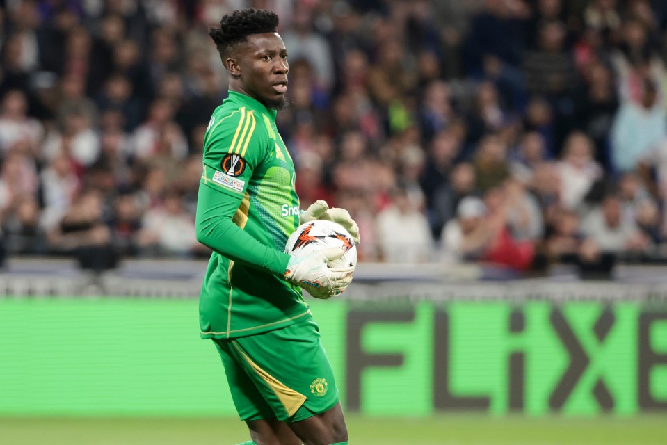 Andre Onana, Manchester United goalkeeper, holding a soccer ball.