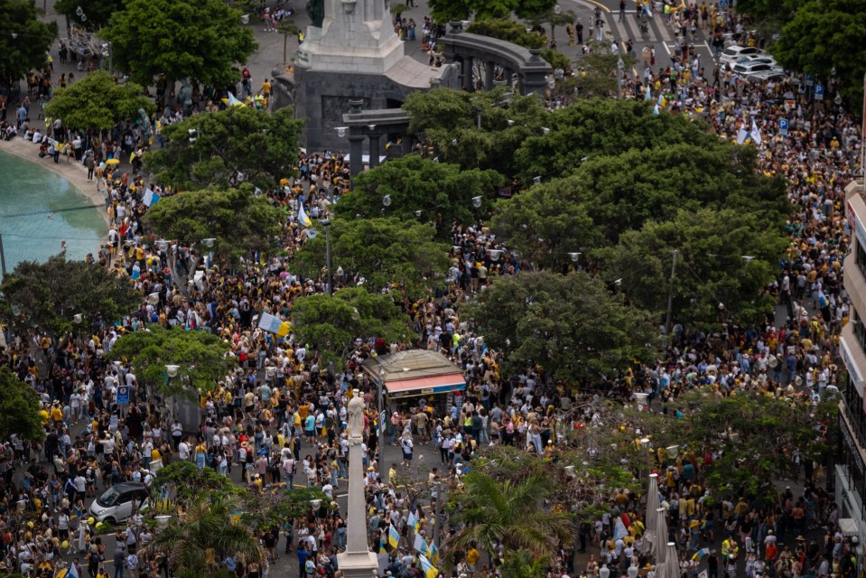 Aerial view of a large protest in Tenerife, Spain.