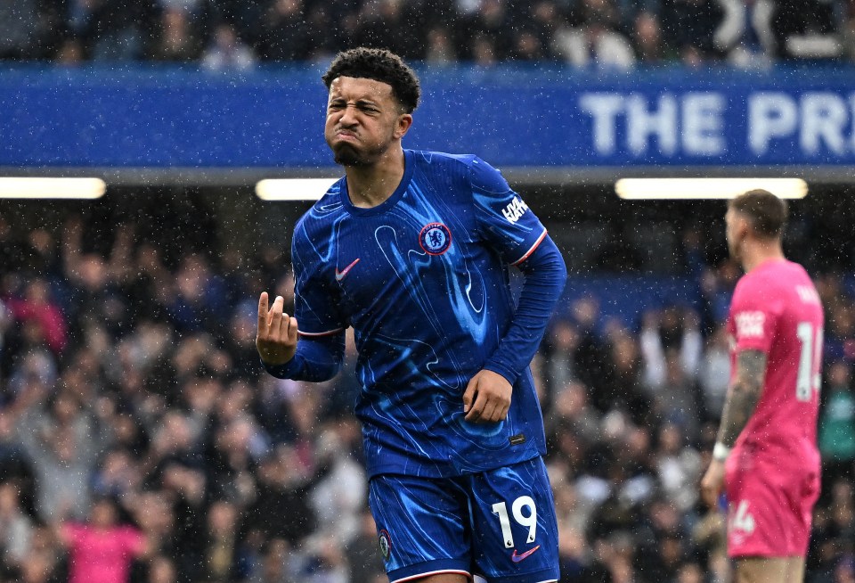 Jadon Sancho of Chelsea celebrates scoring a goal.