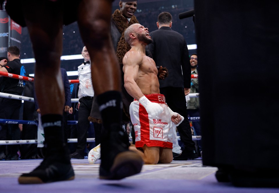 Chris Eubank Jr. celebrates after a boxing match.