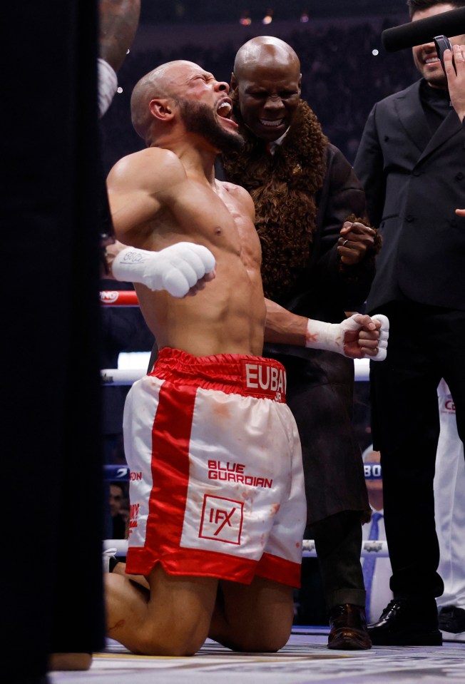 Chris Eubank Jr. celebrates after a boxing match.