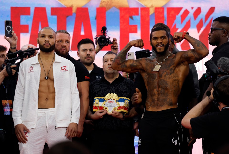Chris Eubank Jr. and Conor Benn at a boxing weigh-in.