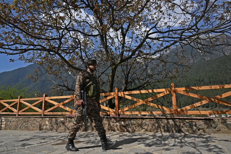 Indian soldier patrolling near a wooden fence in Kashmir.