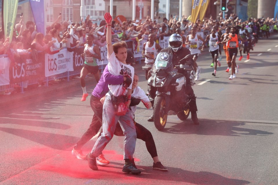 Youth Demand protestors disrupting the London Marathon.