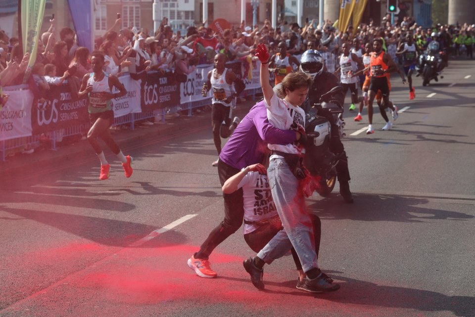 Youth Demand protestors disrupting the London Marathon.