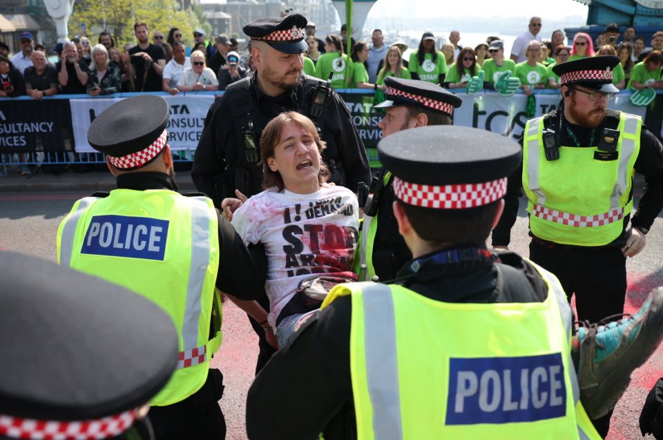 Police officers detain a protestor during a marathon.