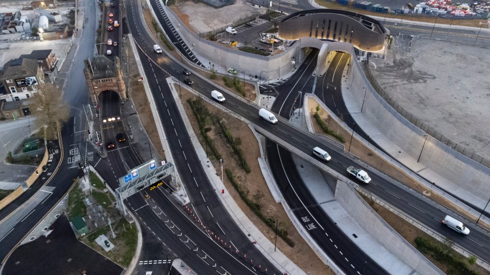 Aerial view of the Silvertown Tunnel in London, showing traffic flow.