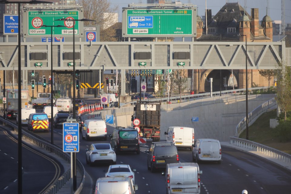 Traffic approaching the Silvertown Tunnel in London.