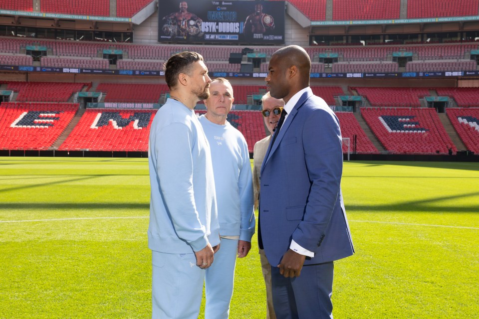 Oleksandr Usyk and Daniel Dubois at Wembley Stadium before their boxing match.