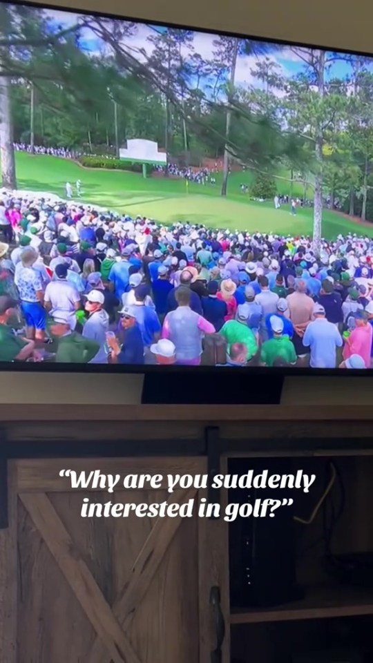 Television screen showing a golf tournament and the question, "Why are you suddenly interested in golf?"