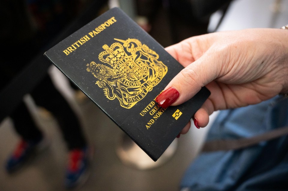 A hand holding a British blue passport.