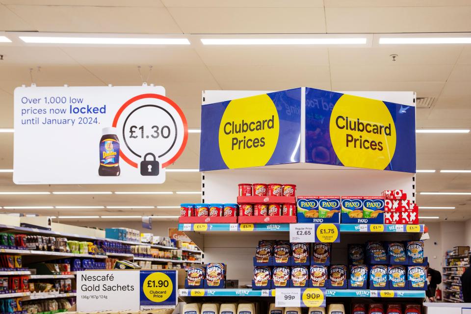 Tesco supermarket signage advertising low prices.