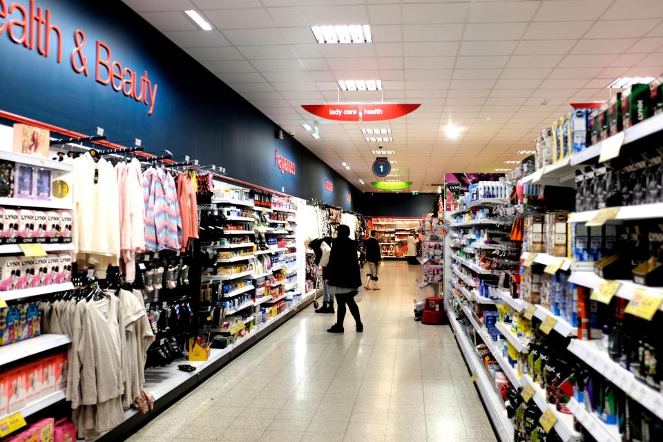 Interior view of a Home Bargains supermarket aisle.