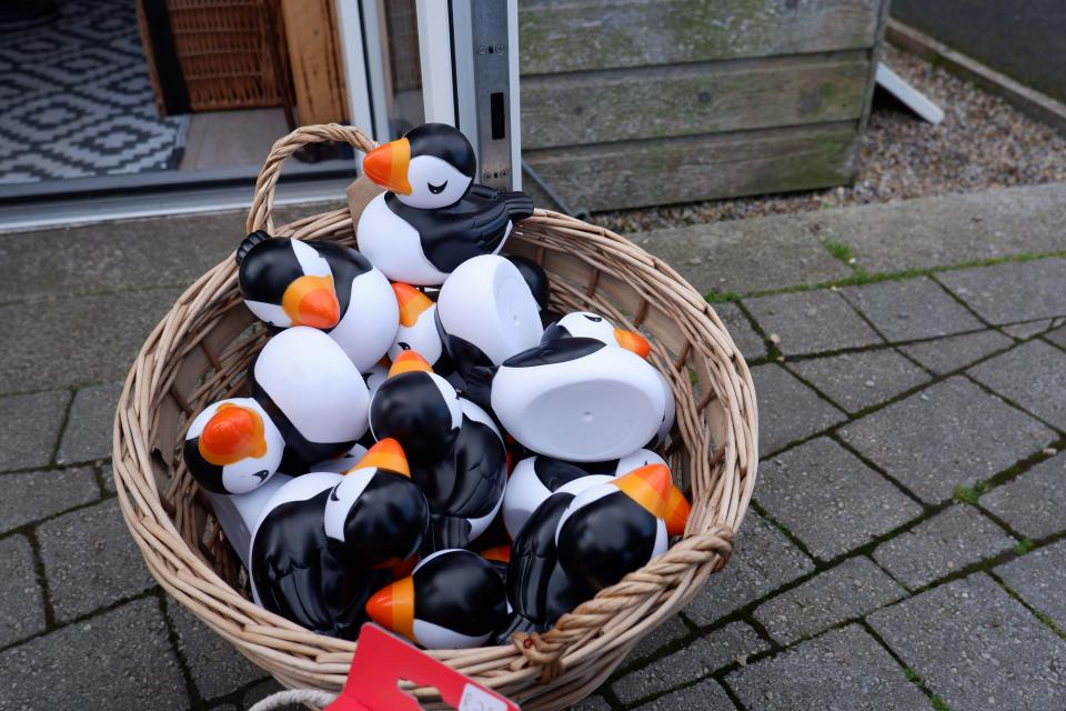 Basket of puffin-shaped rubber ducks for sale.