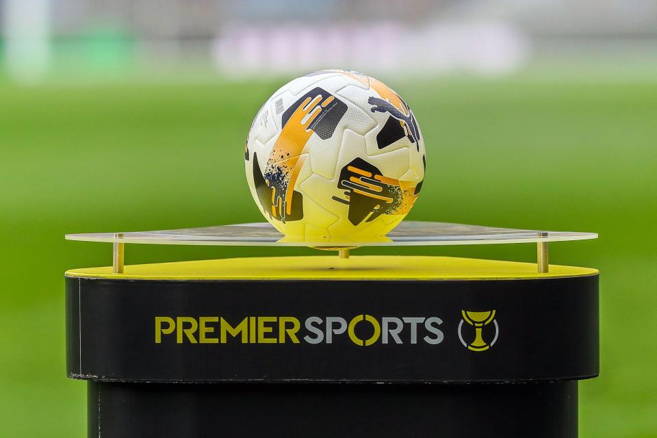 Premier Sports Cup soccer ball on display.