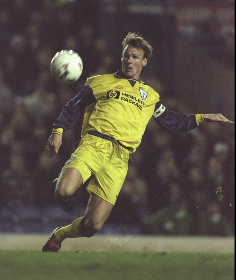 Teddy Sheringham of Tottenham Hotspur in action during a soccer match.