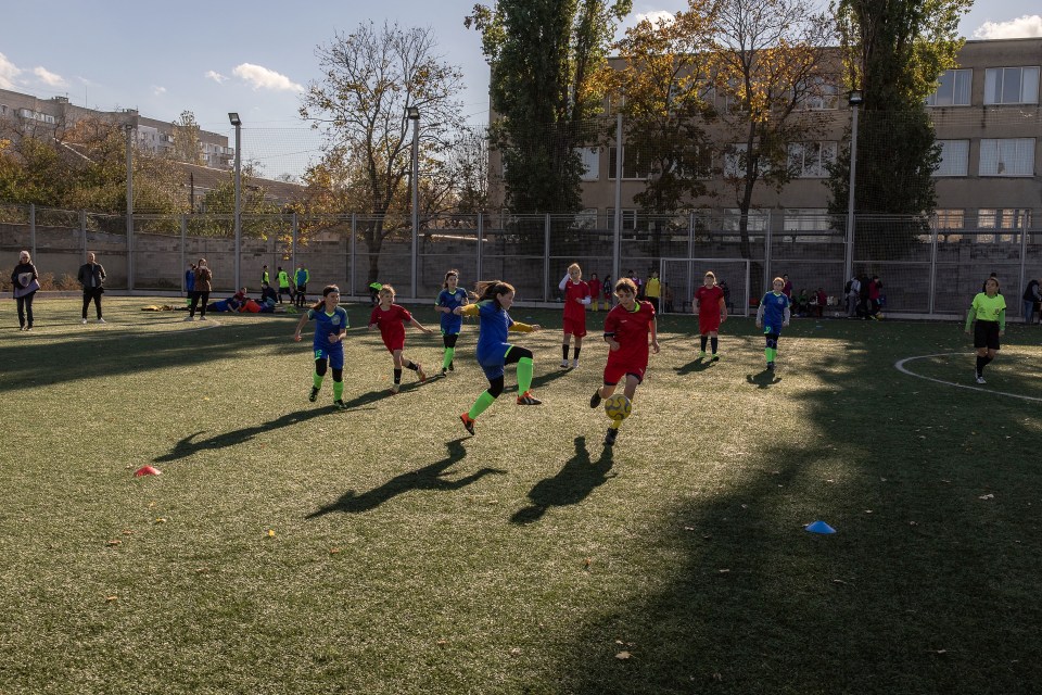 Girls' soccer team playing a match in Mykolaiv, Ukraine.
