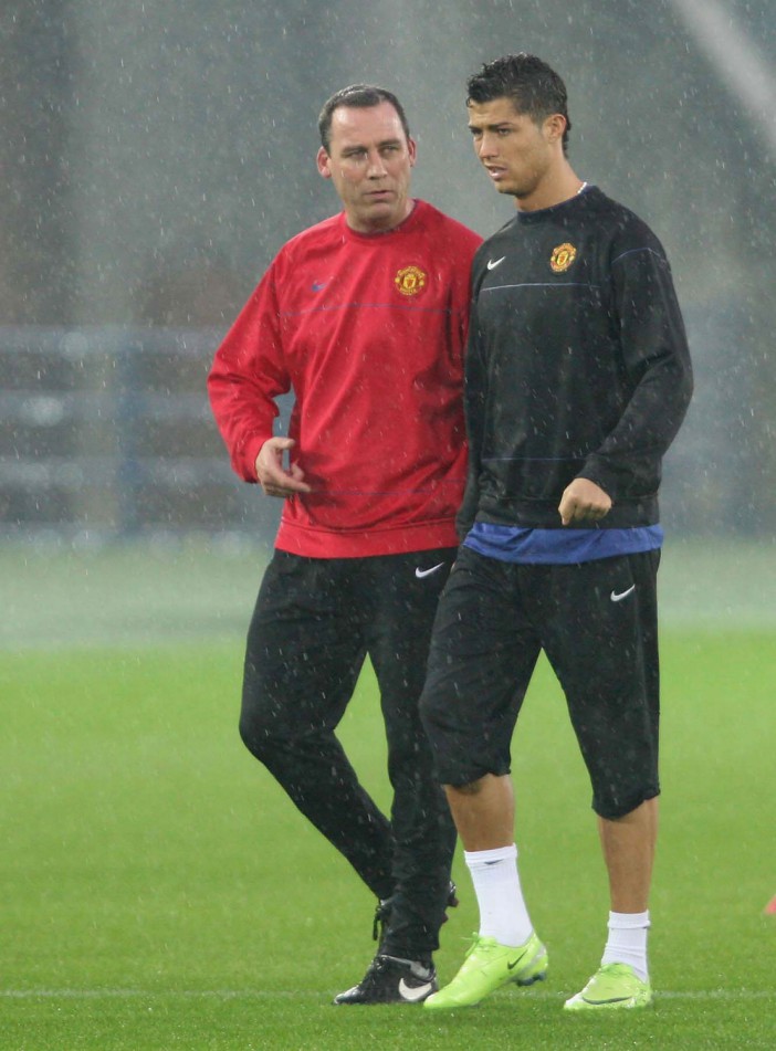 YOKOHAMA, JAPAN - DECEMBER 17:  Cristiano Ronaldo and Rene Meulensteen of Manchester United take part in a First Team Training Session ahead of the World Club Cup at Yokohama International Stadium on December 17 2008 in Yokohama, Japan. (Photo by John Peters/Manchester United via Getty Images)
