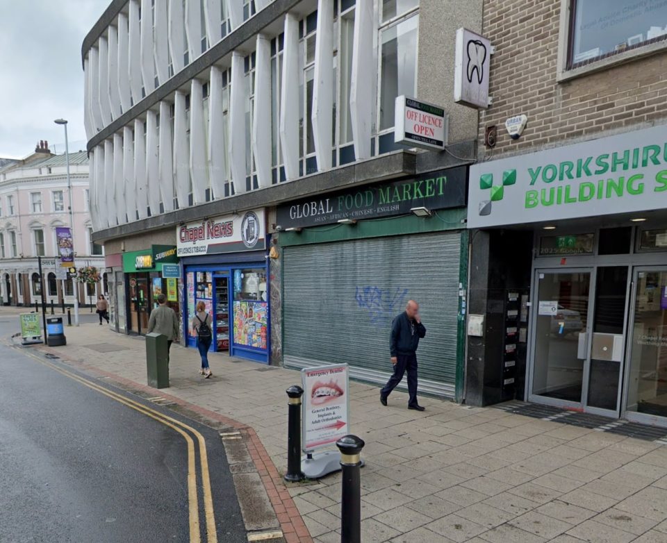 Street view of closed shops in Worthing, West Sussex.