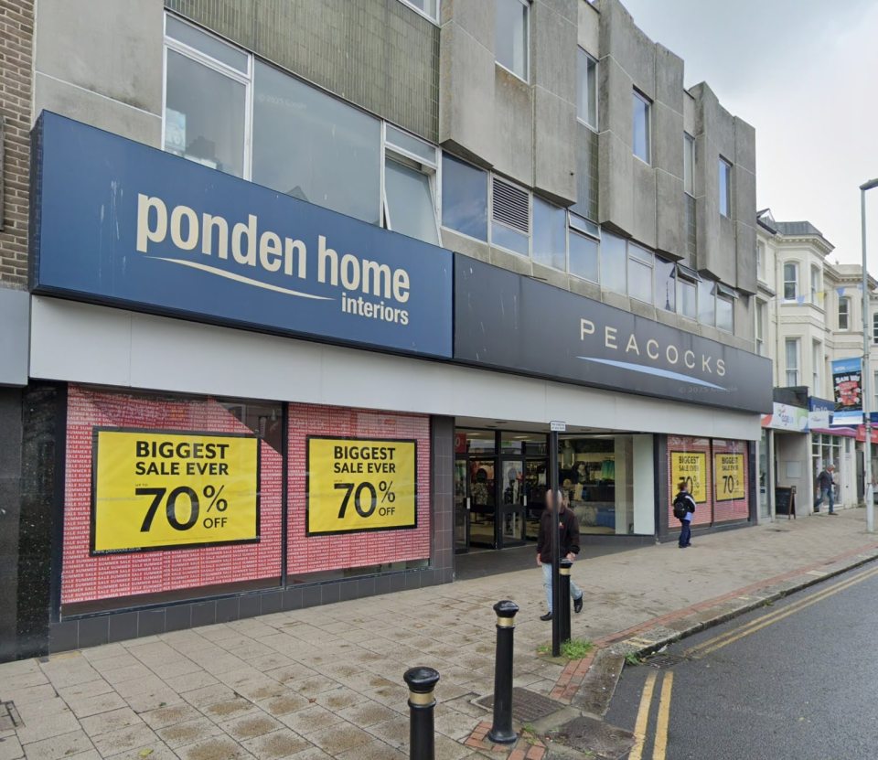 Worthing high street shops, Ponden Home and Peacocks, with 70% off sales.