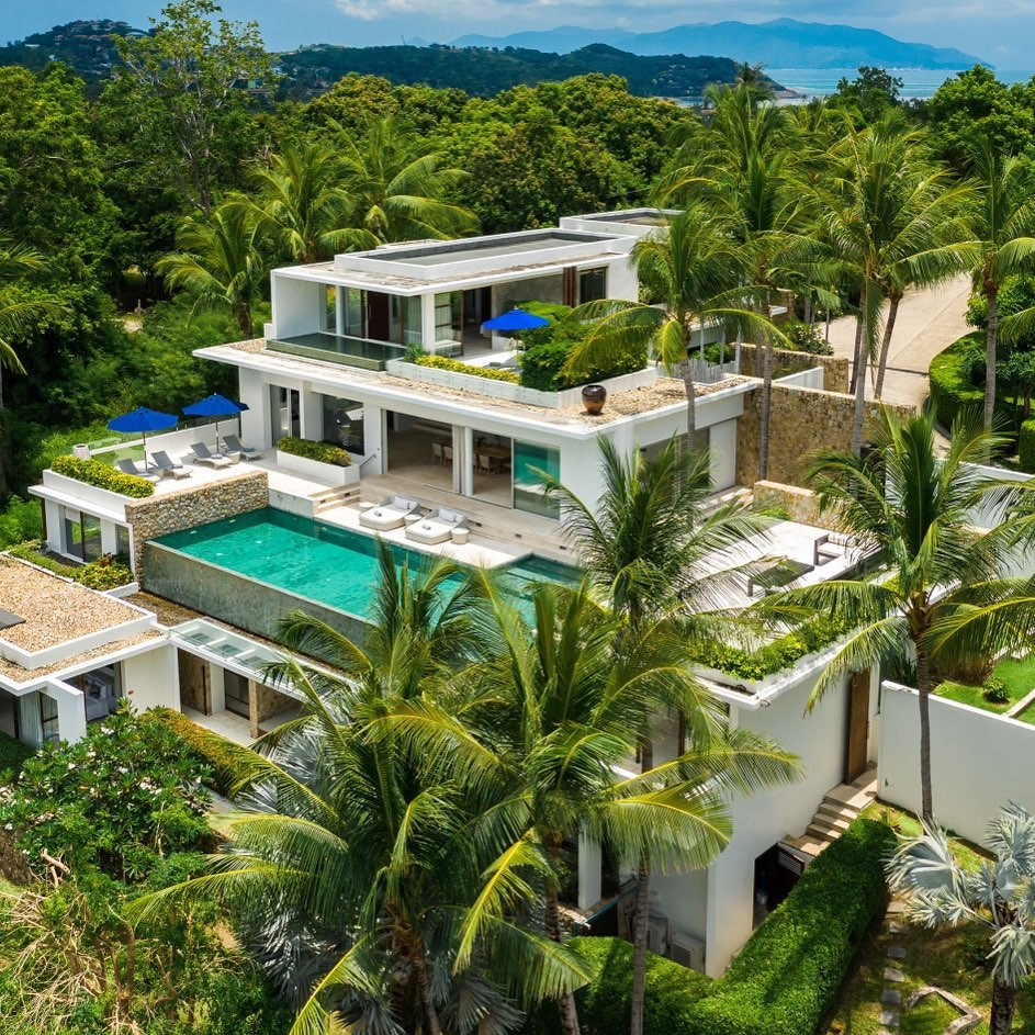 Aerial view of a luxury villa with a pool and lush landscaping.