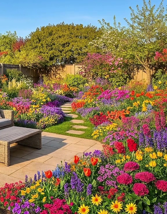 Colorful garden with stone pathway.