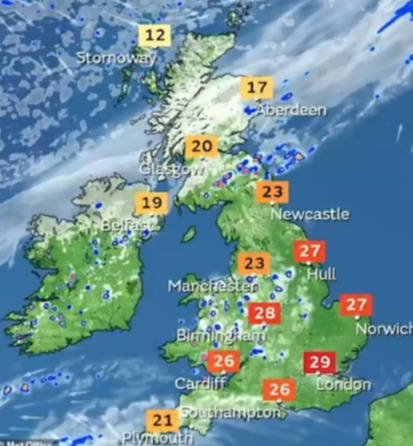 Map of the British Isles showing temperatures.