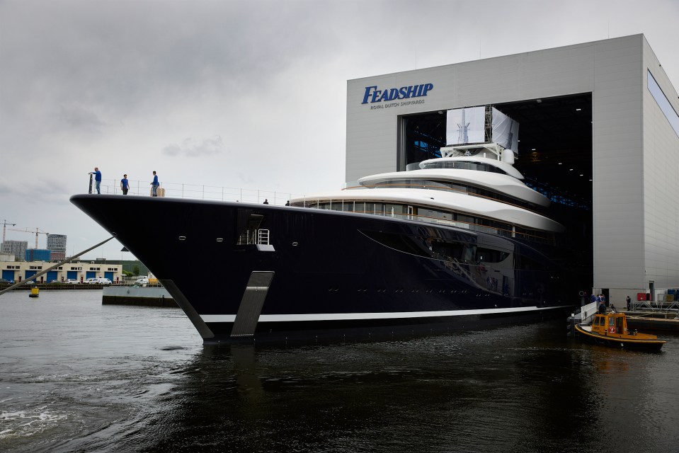A 119-meter hydrogen fuel-cell superyacht leaving a shipyard.