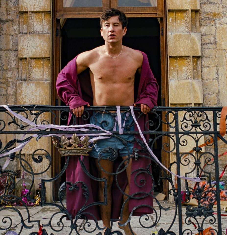 Still from Saltburn film showing Barry Keoghan on a balcony.