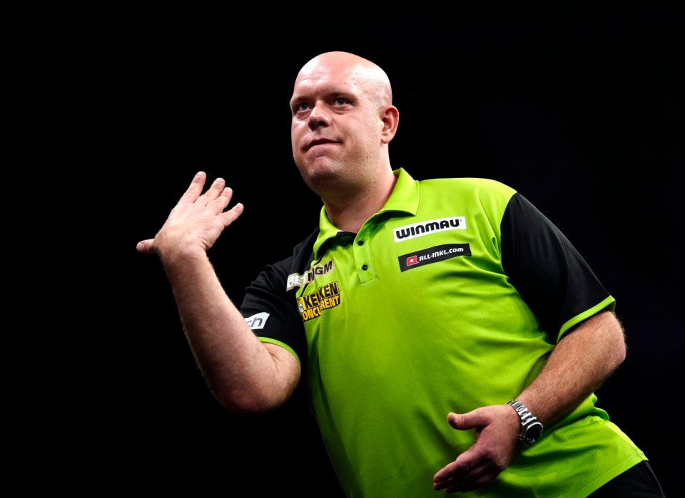 Michael van Gerwen reacts in his match against Luke Littler (not pictured) during night twelve of the BetMGM Premier League at the M&S Bank Arena, Liverpool. Picture date: Thursday April 24, 2025. PA Photo. See PA story DARTS Liverpool. Photo credit should read: Peter Byrne/PA Wire. RESTRICTIONS: Use subject to restrictions. Editorial use only, no commercial use without prior consent from rights holder.