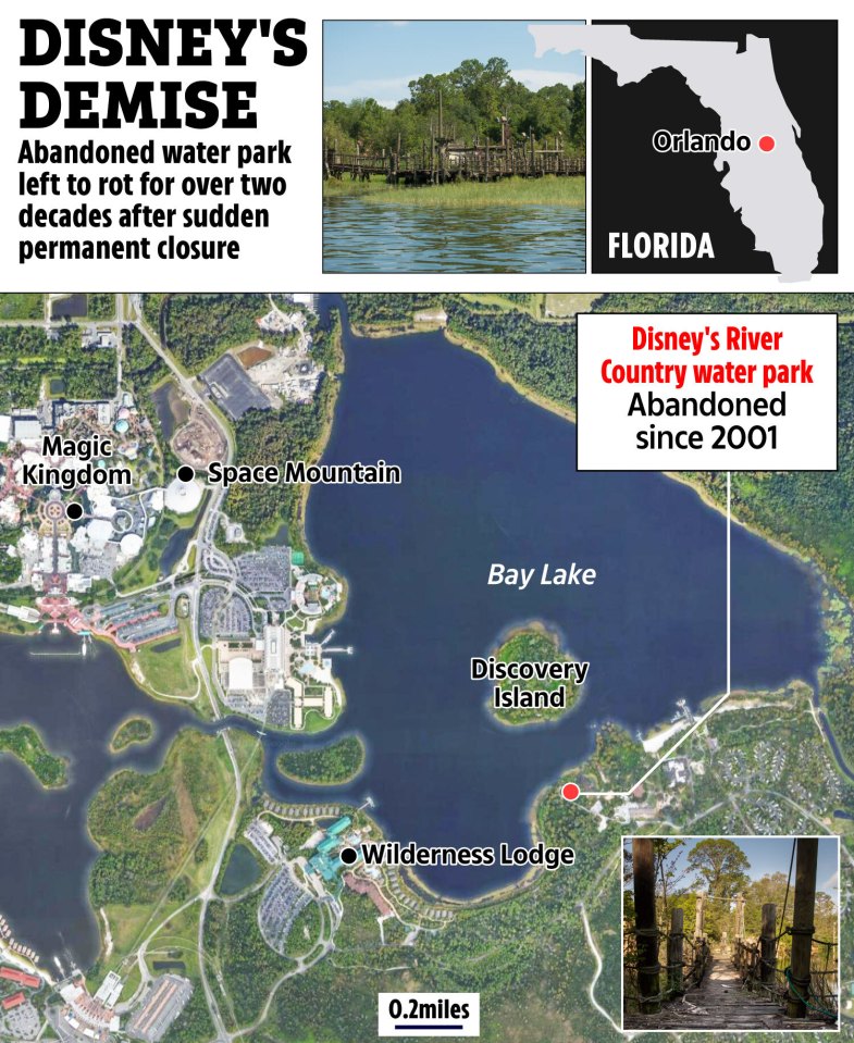 Map showing the location of Disney's abandoned River Country water park in Florida.